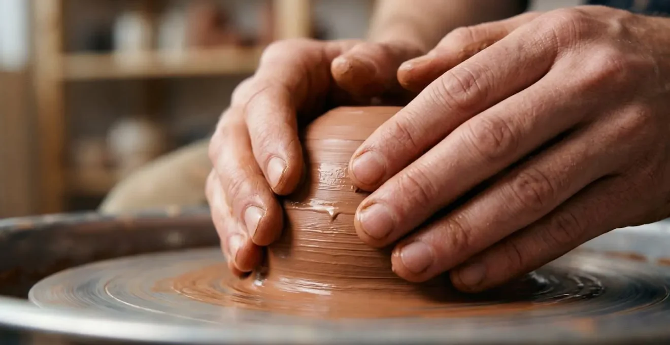 Close-up of hands shaping wet clay on a pottery wheel, showing tactile therapeutic engagement.