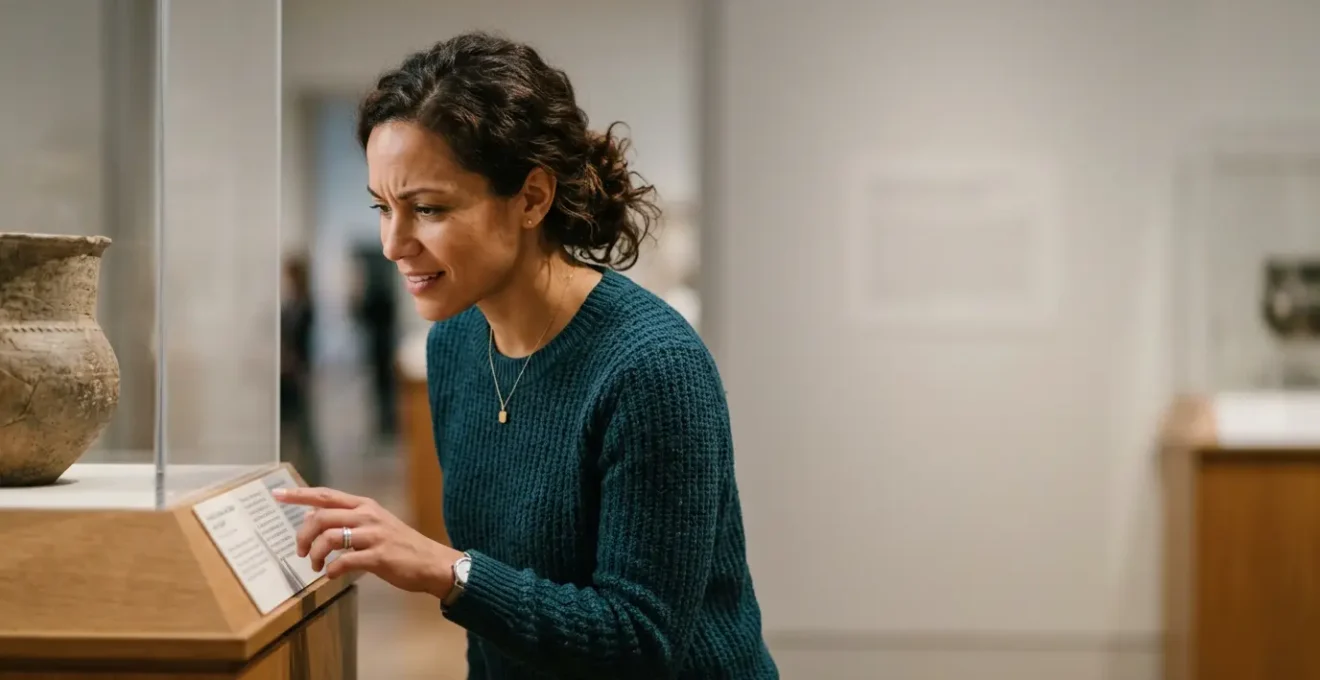 Visitor deeply engaged reading museum exhibition label in contemplative gallery space