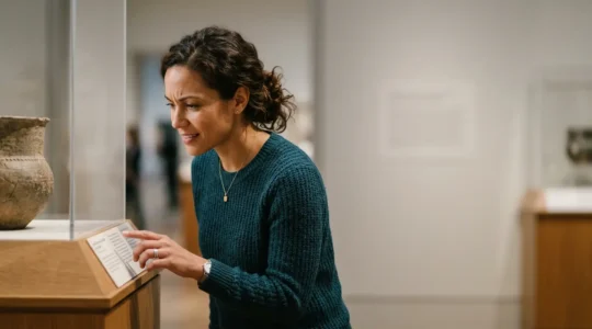 Visitor deeply engaged reading museum exhibition label in contemplative gallery space