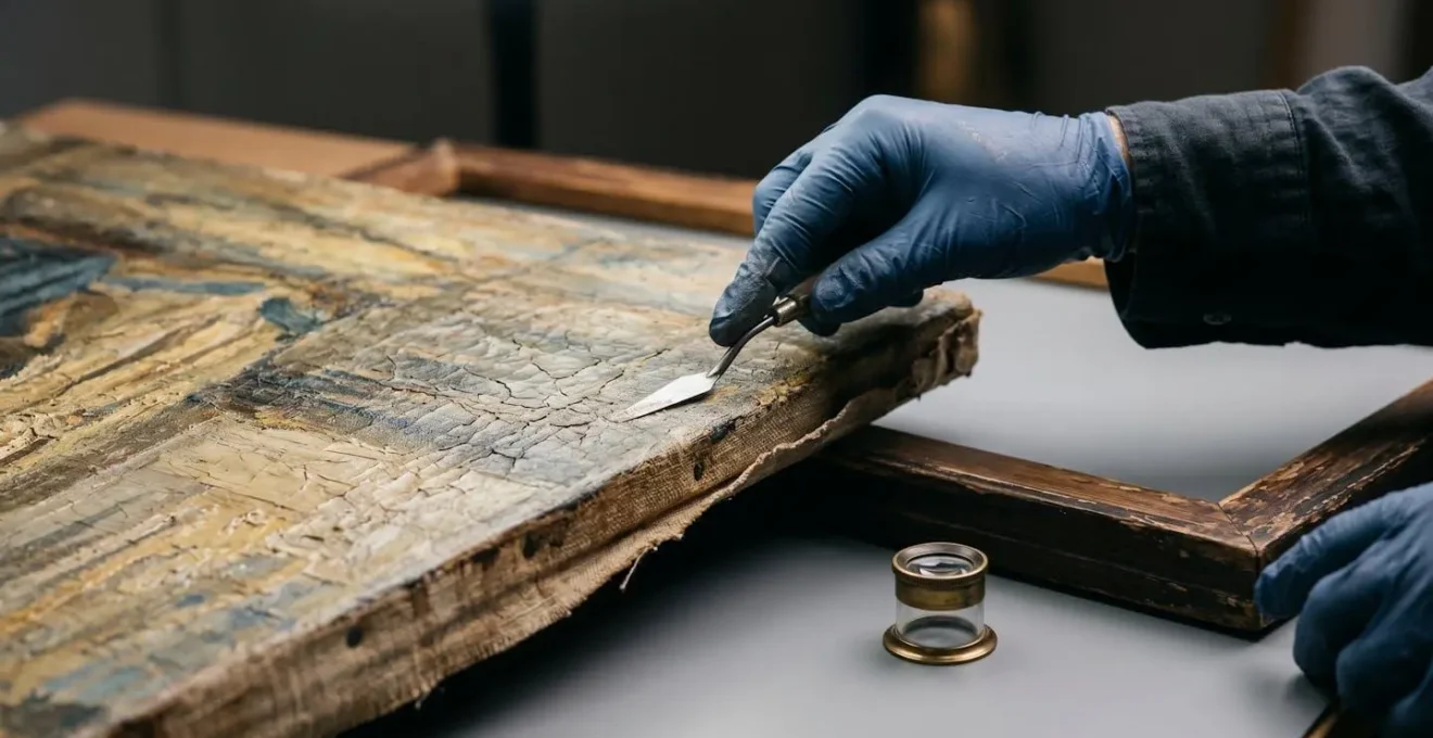 Macro detail of art authentication process showing tactile examination of artwork surface