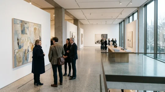 Sophisticated art investment scene capturing the UK contemporary art market atmosphere