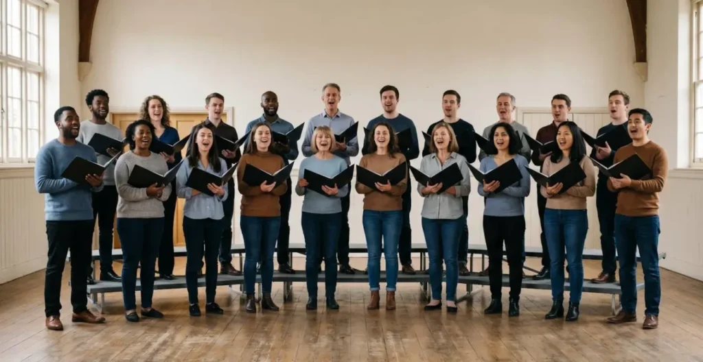 Wide environmental shot of a diverse choir singing together, showing synchronized posture and connection.