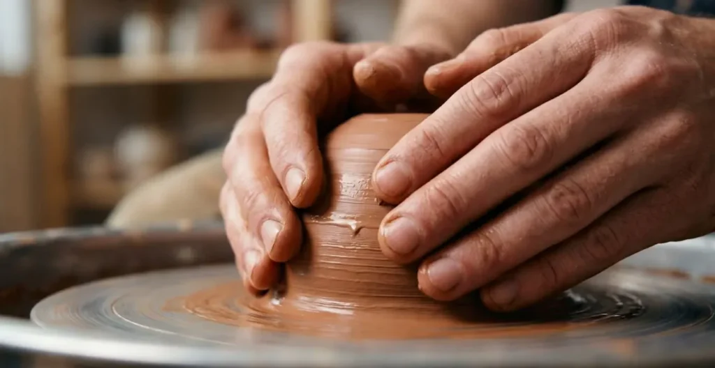 Close-up of hands shaping wet clay on a pottery wheel, showing tactile therapeutic engagement.